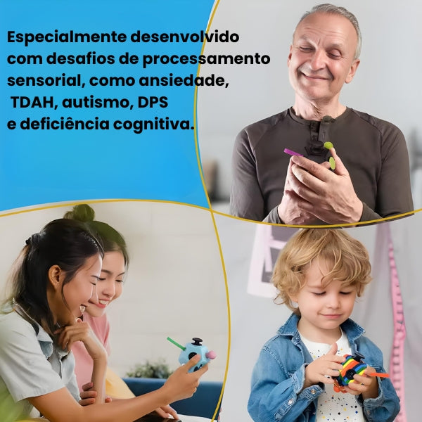 Close dos elementos do CalmaCube. Estímulos táteis que reduzem inquietação e melhoram o foco