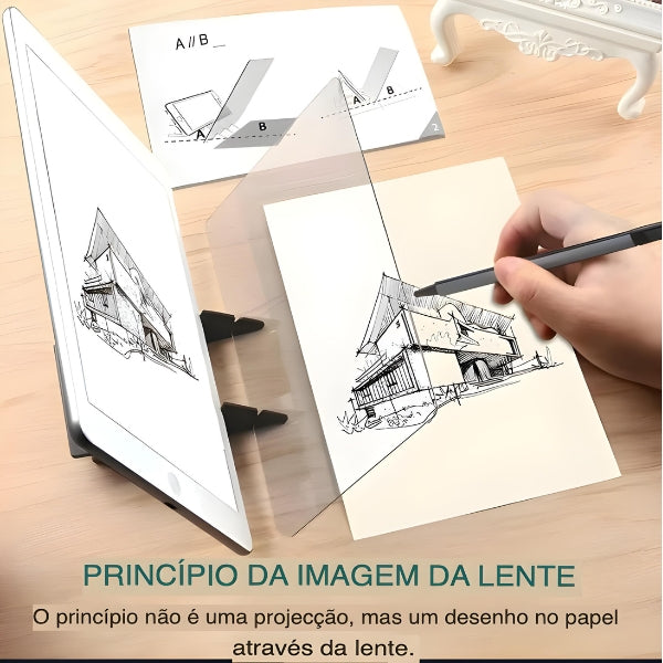 CopyDraw Pro dobrado em posição lateral. Design portátil e leve para uso em casa, escola ou viagens