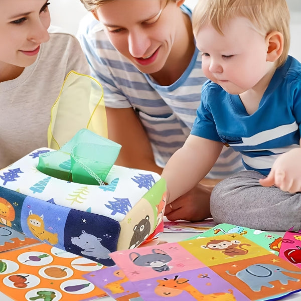 Kit TecidoBox completo com tecidos organizados. Brinquedo educativo pronto para uso em casa ou ambientes pedagógicos