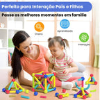Peças magnéticas do Magna Kids com hastes coloridas e esferas metálicas. Ideal para montar construções em 3D com segurança e criatividade