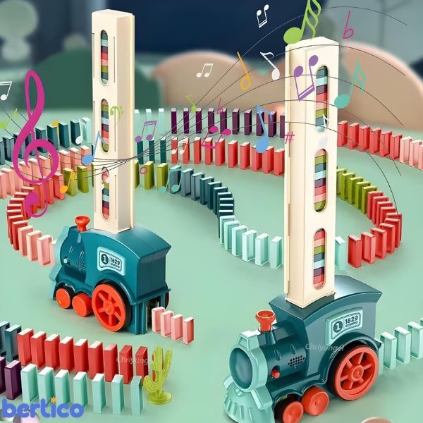 Trem Domino Express com peças coloridas alinhadas automaticamente. Brinquedo educativo que estimula coordenação e raciocínio