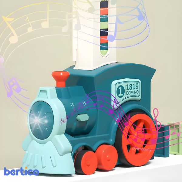 Trem construtor Domino Express em funcionamento com efeito dominó. Ideal para ensinar lógica e criatividade de forma divertida