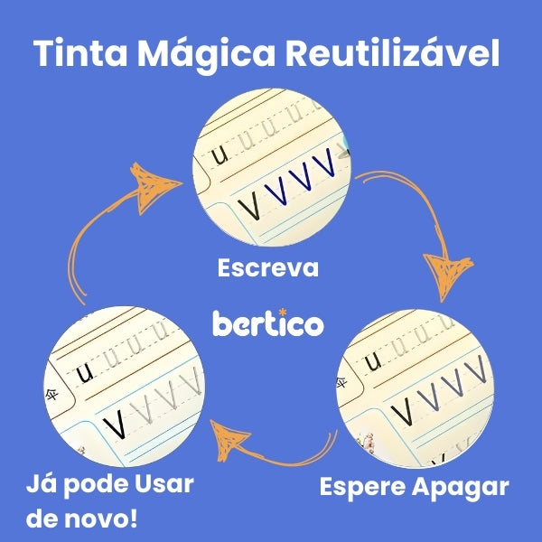 KIT Com 4 Cadernos Mágico de Caligrafia Reutilizável + 1 Canetas com 10 refis