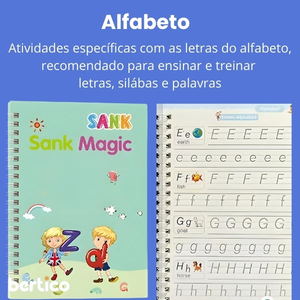 KIT Com 4 Cadernos Mágico de Caligrafia Reutilizável + 1 Canetas com 10 refis