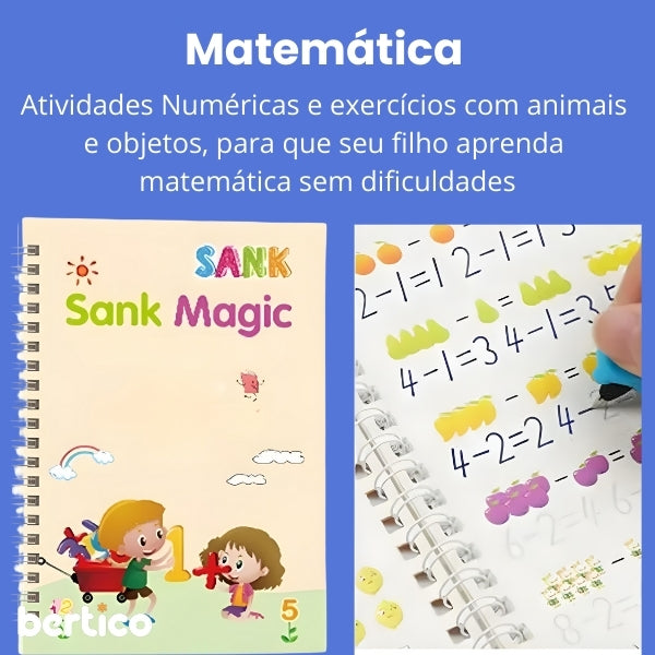 KIT Com 4 Cadernos Mágico de Caligrafia Reutilizável + 1 Canetas com 10 refis